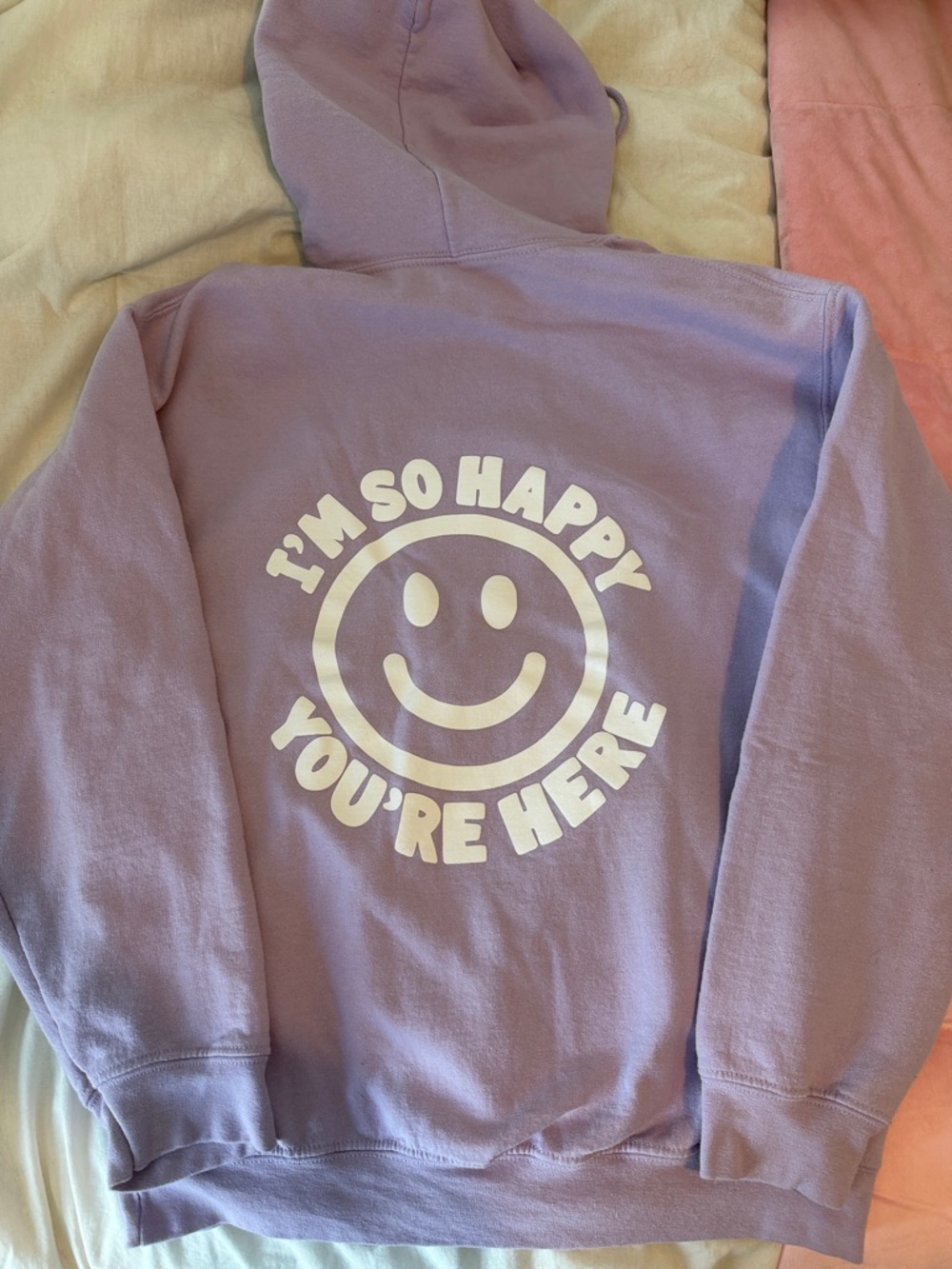 Lavender Smiley Graphic Hoodie - "I'm So Happy You're Here"